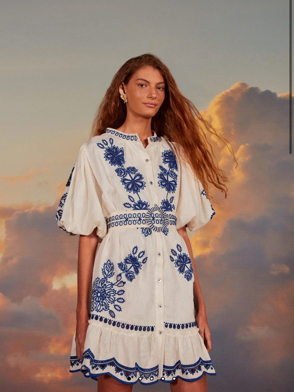 Farm Rio Richelieu White Button-Front Mini Dress with Blue Floral Embroidery